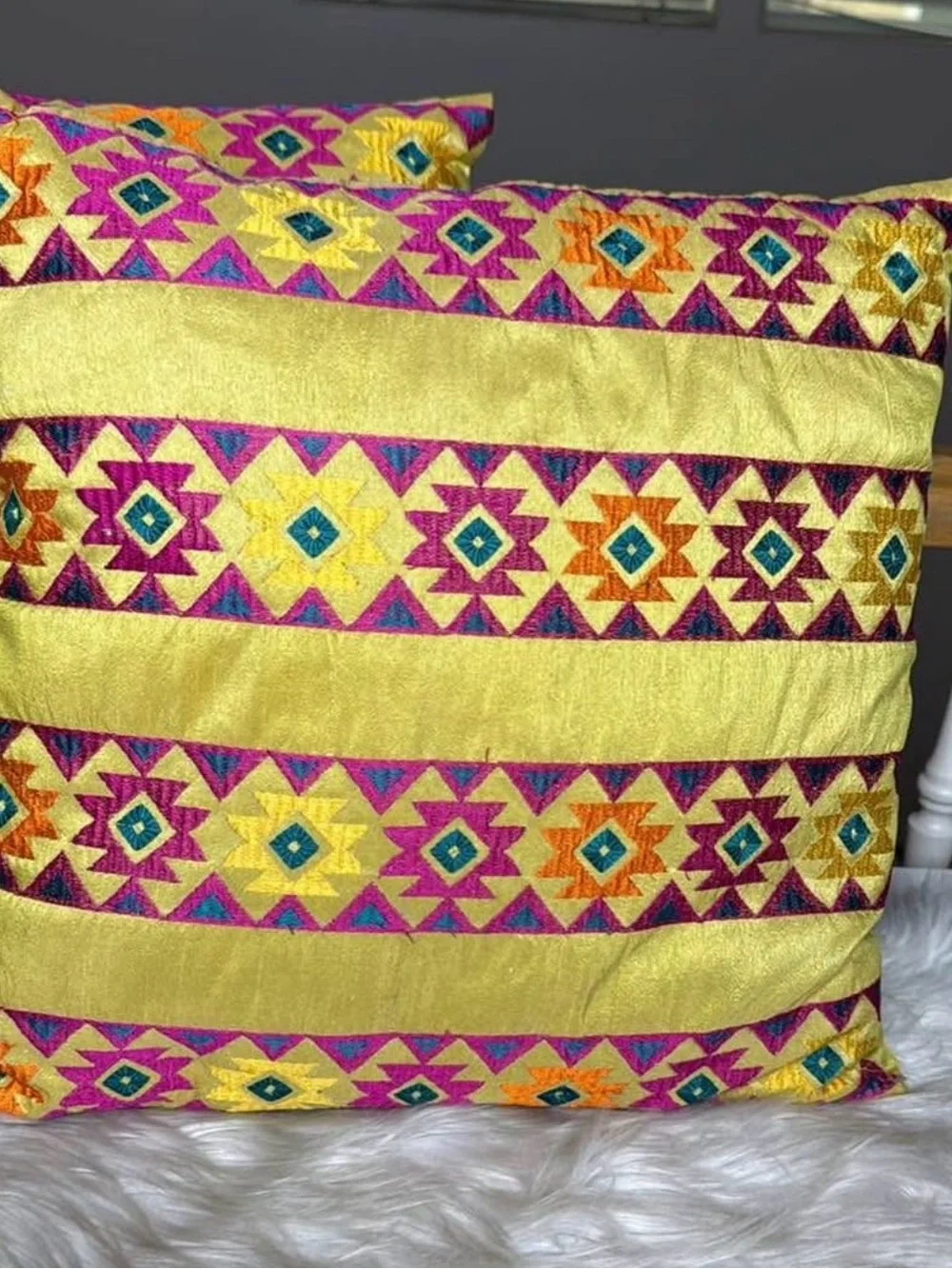Embroidered Yellow Geometric Accent Pillow - Set of 2